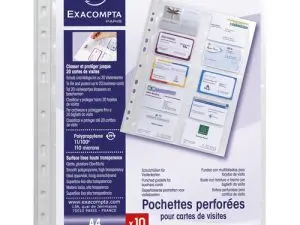 POCHETTE PERFOREE EXACOMPTA 10 CARTES VISITE A4 PP LISSE 11/100EME 110 MICRONS PAQUET 10 UNITES
