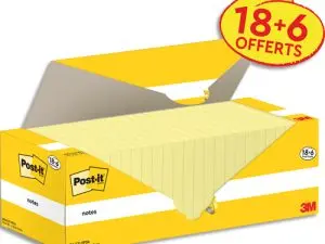 BLOC-NOTES POST-IT 76X76MM 100F REPOSITIONNABLES COLORIS JAUNE BOITE 24 BLOCS (18+6 GRATUITS) 7100319213