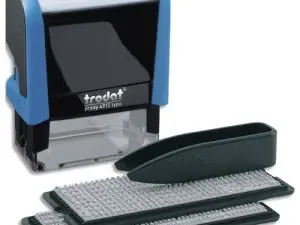 TAMPON TRODAT PRINTY 4912T IMPRIMERIE MINI TIMBRE POLICES 3/4MM 4 LIGNES MAXIMUM ENCRE NOIRE ROUGE BLEUE VERTE 47X18MM