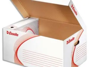 CONTENEUR ESSELTE CARTON ONDULÉ BLANC RECYCLABLE TAILLE L 365X255X550MM 5/6 BOÎTES COUVERCLE RABATTABLE OUVERTURE DESSUS