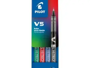 STYLO PILOT V5 ÉCRITURE FINE 0.3MM CLIP MÉTAL ENCRE LIQUIDE NIVEAU VISIBLE POINTE INDÉFORMABLE POCHETTE 4 UNITÉS