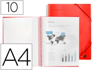 PROTÈGE-DOCUMENTS LIDERPAPEL POLYPROPYLÈNE COUVERTURE RIGIDE SPIRALE 10 POCHETTES FIXES A4 210X297MM COLORIS ROUGE