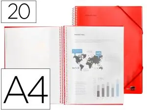 PROTÈGE-DOCUMENTS LIDERPAPEL POLYPROPYLÈNE COUVERTURE RIGIDE SPIRALE 20 POCHETTES FIXES A4 210X297MM COLORIS ROUGE