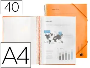 PROTÈGE-DOCUMENTS LIDERPAPEL POLYPROPYLÈNE COUVERTURE RIGIDE SPIRALE 40 POCHETTES FIXES A4 210X297MM COLORIS ORANGE