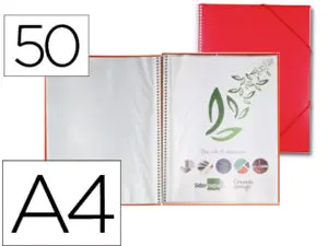 PROTÈGE-DOCUMENTS LIDERPAPEL POLYPROPYLÈNE COUVERTURE RIGIDE SPIRALE 50 POCHETTES FIXES A4 210X297MM COLORIS ROUGE