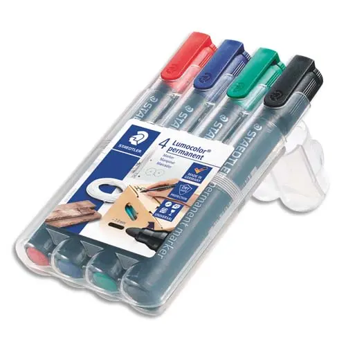 MARQUEUR STAEDTLER PERMANENT DRY SAFE 352 LUMOCOLOR POINTE OGIVE 2MM ASSORTIE ETUI DE 4