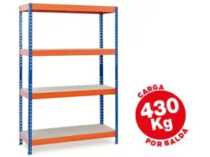 ÉTAGÈRE MÉTALLIQUE AR 4 TABLETTES BOIS SUPPORTE 430KG/TABLETTE MONTAGE FACILE 200X100X60CM COLORIS BLEU/ORANGE