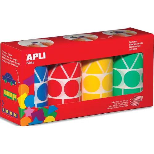 GOMMETTE GÉANTE APLI AGIPA GÉOMÉTRIQUE 4 COLORIS ASSORTIS BLEU ROUGE JAUNE VERT PACK 4 ROULEAUX 5428 UNITÉS