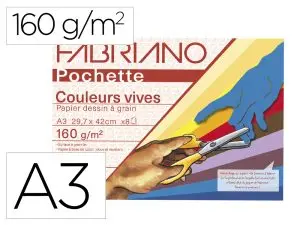 POCHETTE FABRIANO PAPIER A DESSIN A GRAIN A3 297X420MM   160G COULEURS VIVES 8         FEUILLES