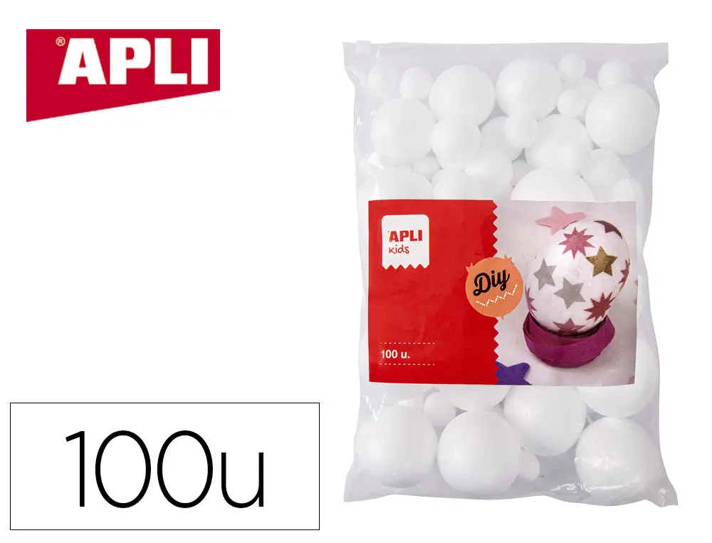 BOULES APLI KIDS POLYSTYRENE DIAMETRES ASSORTIS DE 10 A 60MM FORMAT MAXI SACHET ZIP COLORIS BLANC 100 UNITES