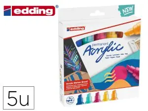 MARQUEUR EDDING PERMANENT ACRYLIC 5000 POINTE BISEAUTEE TRAIT 5/10MM COLORIS ASSORTIS BOITE 5 UNITES