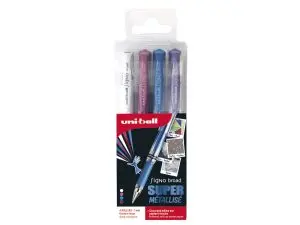 POCHETTE UNIBALL SIGNO ROLLER ENCRE GEL ECRITURE LARGE      BROAD CREATIF COLORIS BLANC / BLEU ROSE VIOLET METAL 4