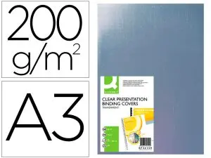 PLAT COUVERTURE Q-CONNECT PVC 200 MICRONS A3 RELIEURS SPIRALES PEIGNES ANNEAUX INCOLORE PAQUET 100 UNITÉS