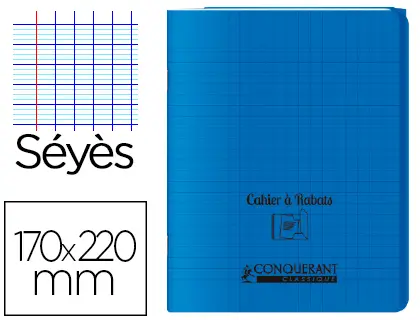 CAHIER À RABAT AGRAFÉ CONQUÉRANT CLASSIQUE COUVERTURE POLYPROPYLÈNE 17X22CM 48 PAGES 90G SÉYÈS COLORIS BLEU
