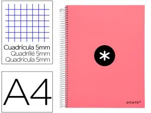 CAHIER SPIRALE ANTARTIK A4 240P 90G REMBORDE QUADRILLAGE 5MM MICROPERFORE 5 BANDES 4   TROUS COLORIS CORAIL