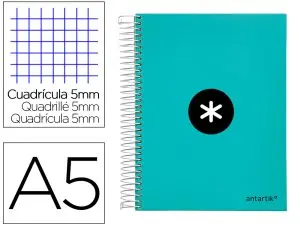 CAHIER SPIRALE ANTARTIK A5 240P 90G REMBORDE QUADRILLAGE 5MM MICROPERFORE 5 BANDES 6 TROUS COLORIS MENTHE