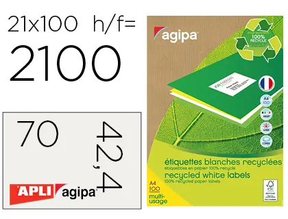 ÉTIQUETTE ADHÉSIVE APLI AGIPA MULTI-USAGE 70x42.4MM RECYCLÉE ACRYLIQUE BOÎTE 2100 UNITÉS