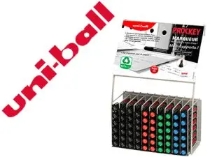 PRÉSENTOIR DE 72 MARQUEURS UNI-PROCKEY POINTE BISEAUTÉE ASSORTIS 410X295X210MM