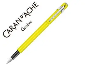 STYLO-PLUME CARAN D'ACHE 840 POP LINE CORPS ALUMINIUM PLUME MOYENNE COLORIS JAUNE FLUO ÉTUI