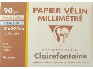 PAPIER VÉLIN MILLIMÉTRÉ CLAIREFONTAINE 90G A4 297X210MM COLORIS RECTO BISTRE VERSO BLEU POCHETTE 12F