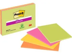 BLOC-NOTES POST-IT SUPER STICKY GRAND FORMAT 203X152MM MEETING NOTES 45F COLORIS NÉON VERT/JAUNE/ORANGE/FUCHSIA 4 BLOCS