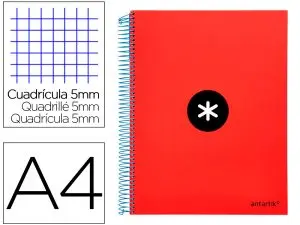 CAHIER SPIRALE ANTARTIK A4 240P 90G COUVERTURE REMBORDEE QUADRILLAGE 5MM 4 TROUS       COIL-LOCK COLORIS ROUGE