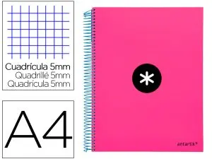 CAHIER SPIRALE ANTARTIK A4 240P 90G COUVERTURE REMBORDEE QUADRILLAGE 5MM 4 TROUS       COIL-LOCK COLORIS ROSE FLUO