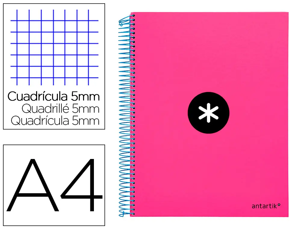 CAHIER SPIRALE ANTARTIK A4 240P 90G COUVERTURE REMBORDEE QUADRILLAGE 5MM 4 TROUS COIL-LOCK COLORIS ROSE FLUO
