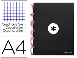 CAHIER SPIRALE ANTARTIK A4 240P 90G COUVERTURE REMBORDEE QUADRILLAGE 5MM 4 TROUS       COIL-LOCK COLORIS NOIR