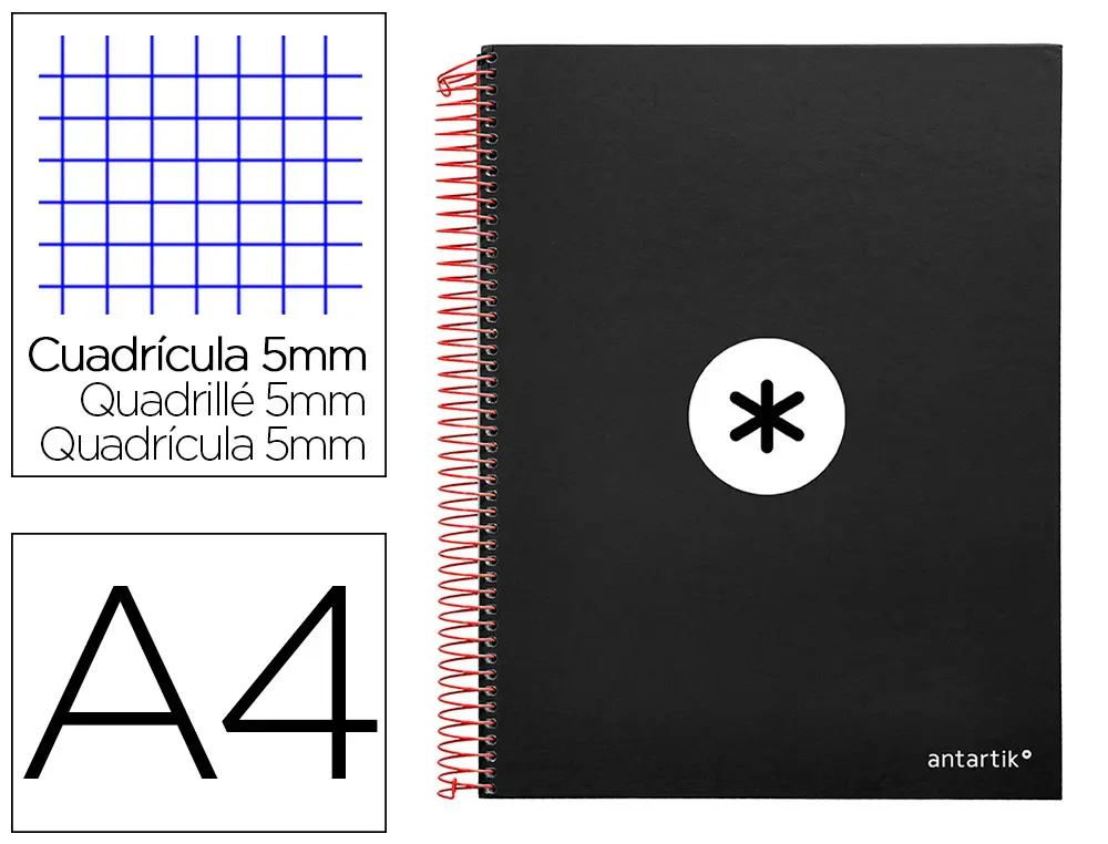CAHIER SPIRALE ANTARTIK A4 240P 90G COUVERTURE REMBORDEE QUADRILLAGE 5MM 4 TROUS COIL-LOCK COLORIS NOIR