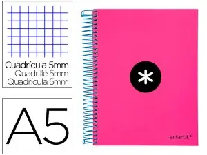 CAHIER SPIRALE ANTARTIK A5 240P 90G COUVERTURE REMBORDEE QUADRILLAGE 5MM 6 TROUS       COIL-LOCK COLORIS ROSE FLUO