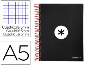 CAHIER SPIRALE ANTARTIK A5 240P 90G COUVERTURE REMBORDEE QUADRILLAGE 5MM 6 TROUS COIL-LOCK COLORIS NOIR