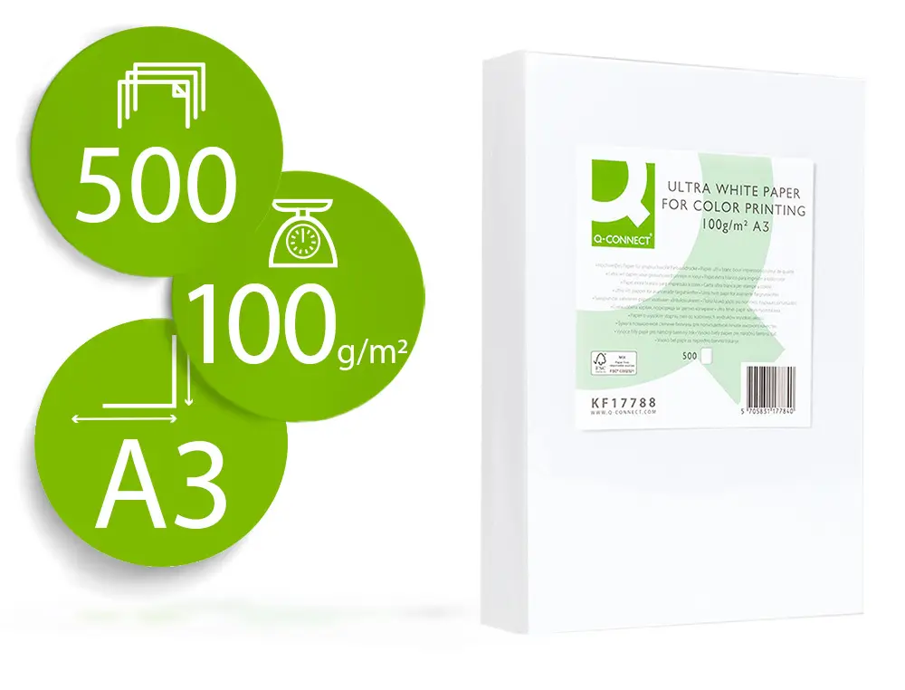 PAPIER Q-CONNECT MULTIFONCTION ULTRAWHITE A3 100G/M2 BLANCHEUR 170 OPACITÉ 96 RIGIDITÉ 60 500 FEUILLES