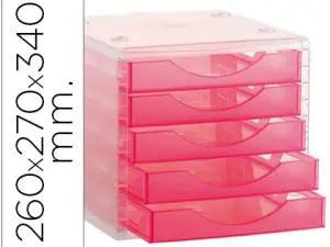 MODULE CLASSEMENT Q-CONNECT 5 TIROIRS OUVERTS BASE 340X270X260MM BUTÉE SÉCURITÉ COLORIS ROSE TRANSLUCIDE