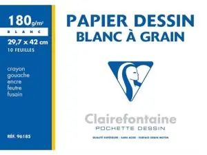 PAPIER DESSIN CLAIREFONTAINE GRAIN LÉGER PRONONCÉ SANS ACIDE BLANCHEUR NATURELLE 180G A3 POCHETTE 10F