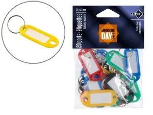 PORTE-CLÉS JPC PLASTIQUE AVEC ÉTIQUETTES BLANCHES 51X22MM COLORIS ASSORTIS PAQUET 20 UNITÉS