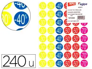 ÉTIQUETTE ADHÉSIVE APLI PRÉ-IMPRIMÉE REMISE -30% -40% -50% -70% PERMANENTE COLORIS ASSORTIS 240 PASTILLES