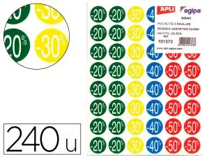 ÉTIQUETTE ADHÉSIVE APLI PRÉ-IMPRIMÉE REMISE -20% -30% -40% -50% PERMANENTE COLORIS ASSORTIS 240 PASTILLES