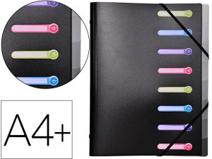 TRIEUR EXACOMPTA 3 RABATS POLYPROPYLÈNE A4+ 8 COMPARTIMENTS FENÊTRES FERMETURE ÉLASTIQUE COLORIS NOIR