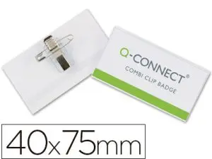 BADGE Q-CONNECT PVC RIGIDE TRANSPARENT PINCE OU ÉPINGLE FORMAT 40X75MM CARTE VISITE