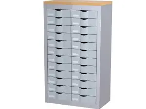 MEUBLE TIROIRS PAPERFLOW 2 COLONNES 24 TIROIRS POLYSTYRENE GRIS PLATEAU MELAMINE HETRE ETIQUETTES