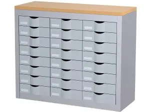 MODULE PAPERFLOW 3 COLONNES 24 TIROIRS POLYSTYRENE PLATEAU MELAMINE HETRE ETIQUETTES 75X87X33,5CM