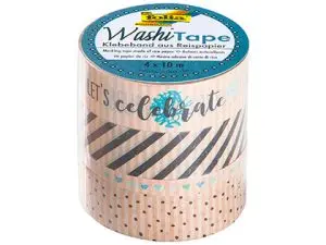 RUBAN ADHESIF DECORATIF WASHI TAPE PAPIER KRAFT I CELEBRATE LONGUEUR 10M PACK 4 ROULEAUX  3X15MM + 1X5MM
