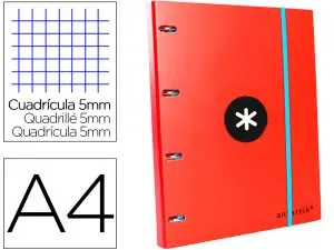 CLASSEUR ANTARTIK 4 ANNEAUX RONDS 25MM A4 CARTON REMBORDÉ FEUILLETS MOBILES QUADRILLAGE 5MM COLORIS ROUGE