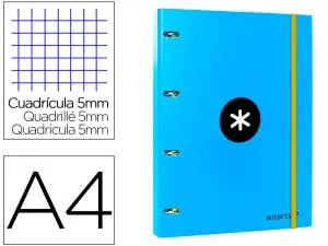 CLASSEUR ANTARTIK 4 ANNEAUX RONDS 25MM A4 CARTON REMBORDÉ FEUILLETS MOBILES QUADRILLAGE 5MM COLORIS BLEU