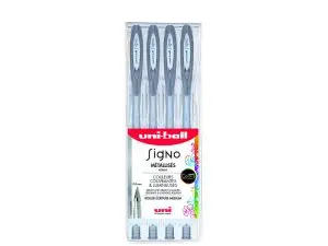 ROLLER UNIBALL SIGNO ENCRE GEL RESISTANT POINTE MOYENNE  TRACE 0,7MM COLORIS METALLISE ARGENT POCHETTE DE 4UN
