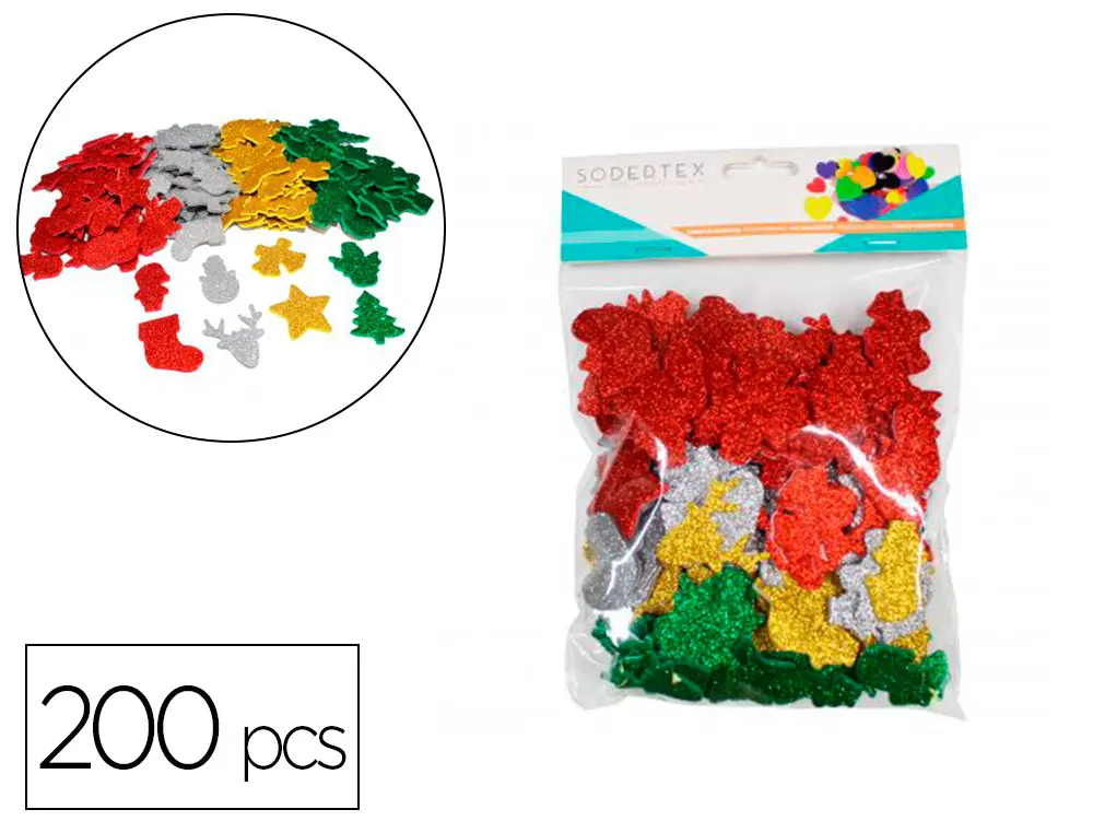 STICKERS NOEL SODERTEX EN MOUSSE EVA PAILLETEE 2MM 200 PCS 4 COLORIS ASSORTIS