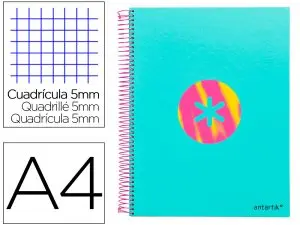 CAHIER SPIRALE ANTARTIK A4 120F 100G REMBORDE 5X5MM      MICRO-PERF 5 BANDES 4 TROUS   TRENDING 2020 TURQUOISE