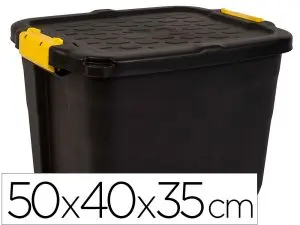 BOITE RANGEMENT STRATA HEAVY DUTY 42L POLYPROPYLENE TRES ROBUSTE 2 POIGNÉES CLIPS JAUNES 50X40X35CM COLORIS NOIR