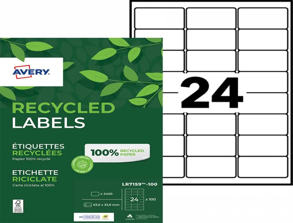 ETIQ.LAS.RECY 63.5X33.9 100F24ETIQUETTE RECYCLEE - AVERY - IMPRESSION LASER - 63.5X33.9MM - 100 FEUILLES